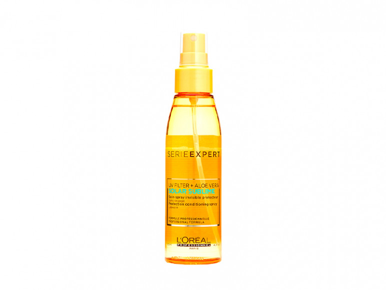 Солнцезащитный спрей для волос Solar Sublime, ​ L'Oreal Professionnel. Покрывает волосы легкой невидимой пленкой, сохраняющей их блеск и силу и предотвращающей иссушение волос.
В основе лежит формула, обогащенная УФ-фильтрами, экстрактом алоэ вера и витамином Е.
